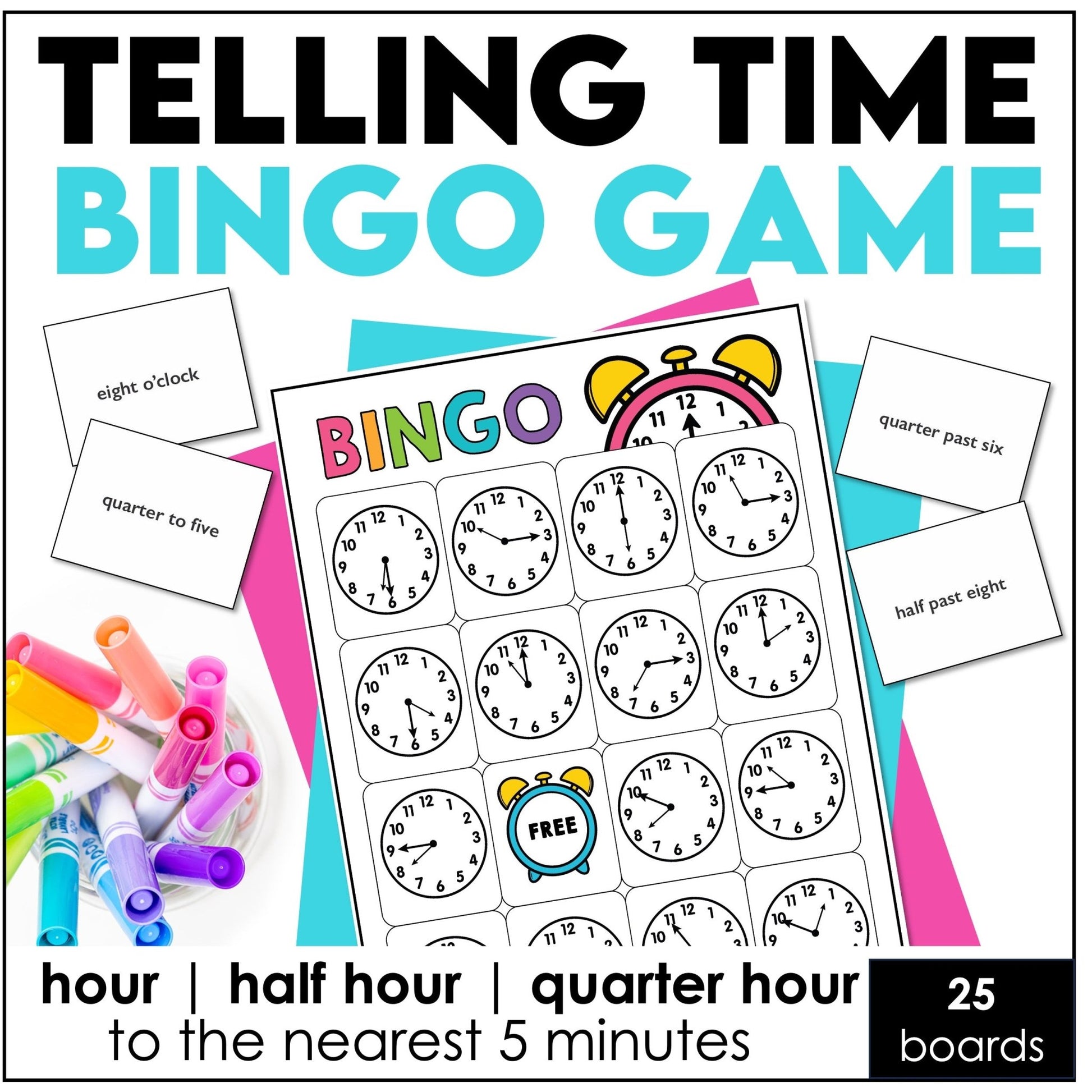 Telling Time Games BUNDLE - Hour, Half hour, quarter hour & nearest 5 minutes - Hot Chocolate Teachables