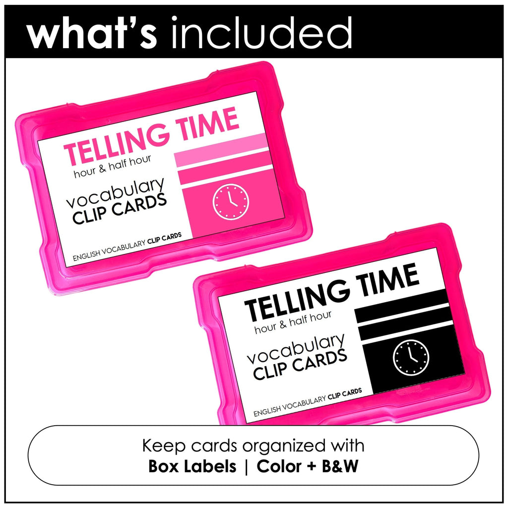 Telling Time to the Hour & Half Past Vocabulary CLIP CARD activity - Hot Chocolate Teachables