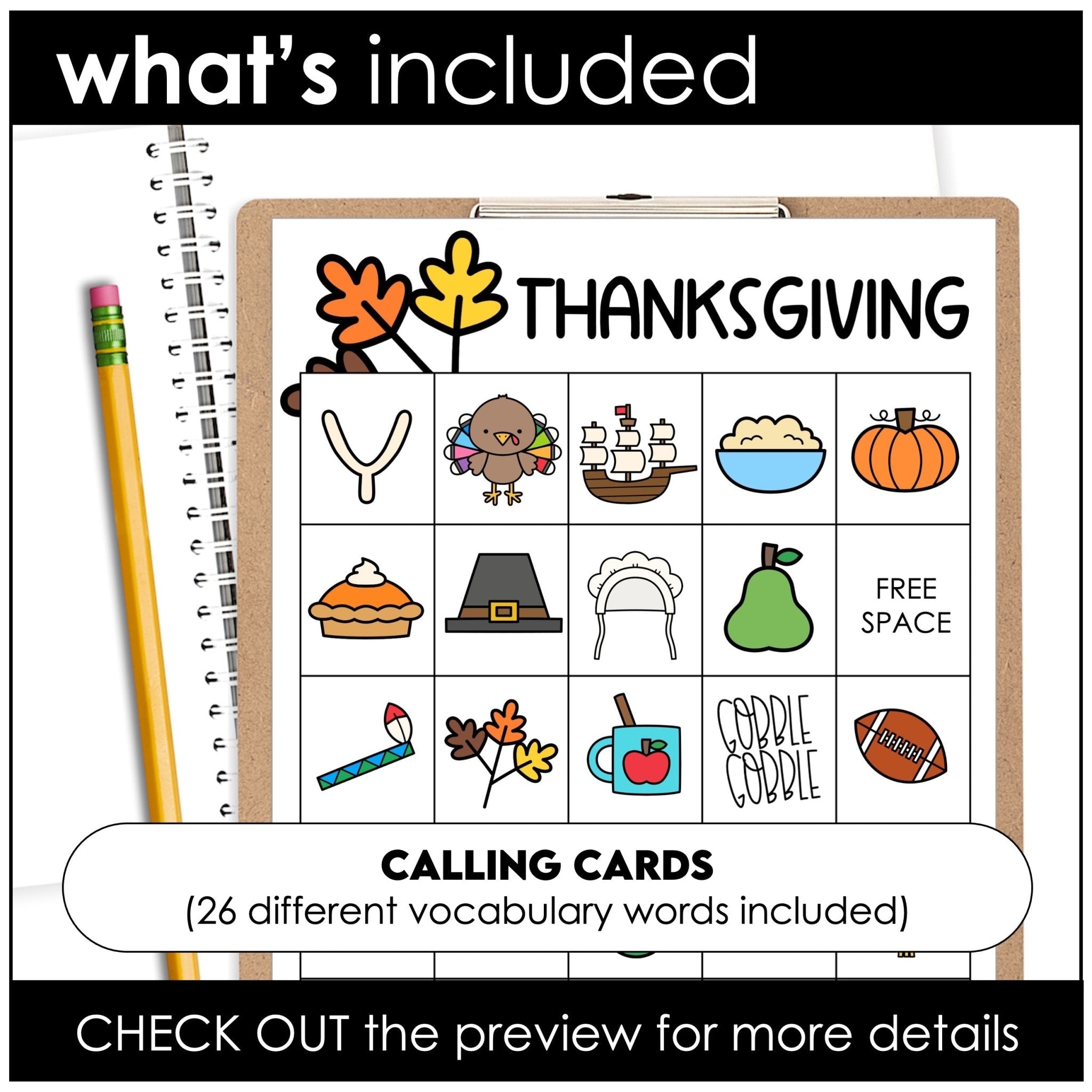 Thanksgiving ESL Vocabulary Bingo Game - English Text - Hot Chocolate Teachables
