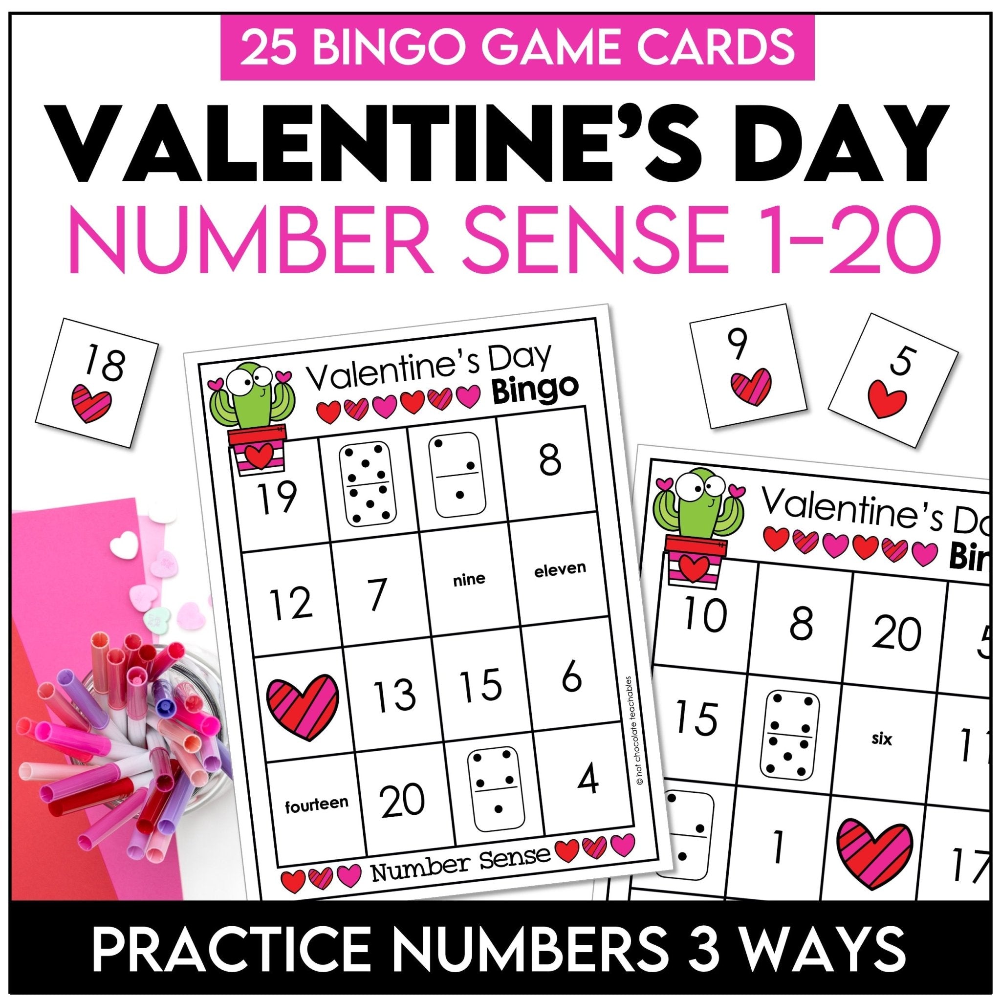 Valentine's Day Number Sense Bingo | Number Recognition from 1 to 20 - Hot Chocolate Teachables