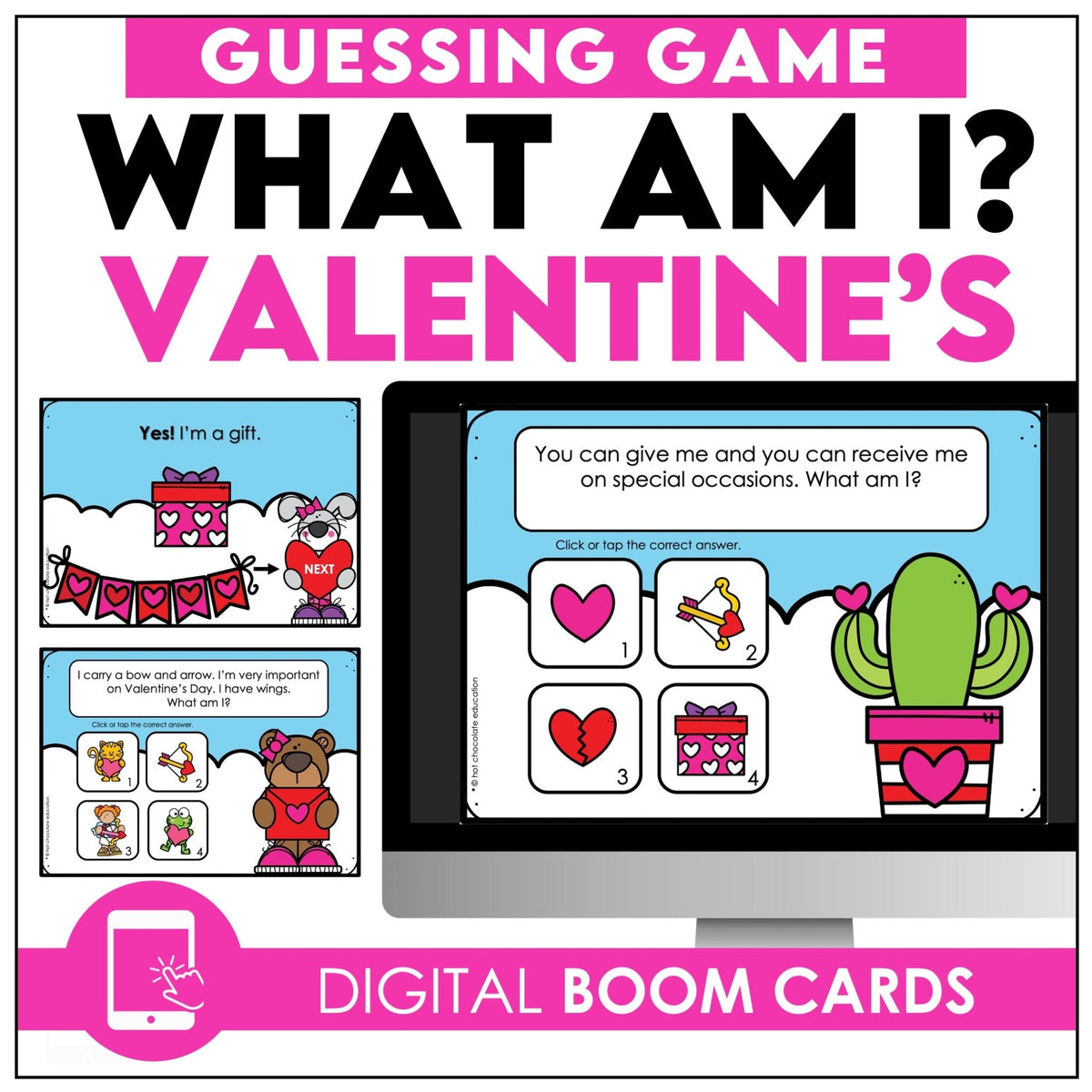 Valentine's Day Vocabulary Guessing Game: Boom Cards - Digital Task Cards - Hot Chocolate Teachables