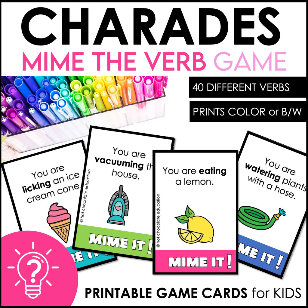 Verb Charades | Miming Game Cards for Kids - Hot Chocolate Teachables