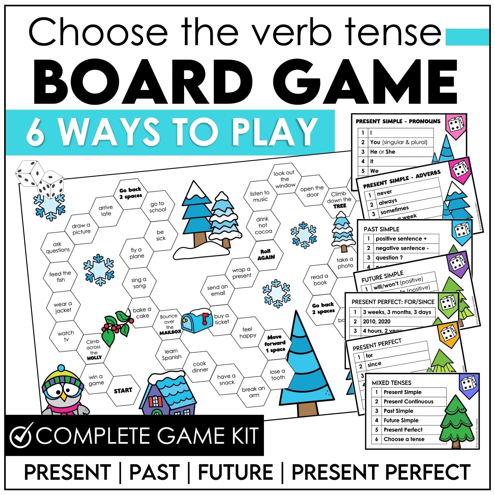 Verbs Board Game | Choose a tense and change the verb | Present Past & Future - Hot Chocolate Teachables