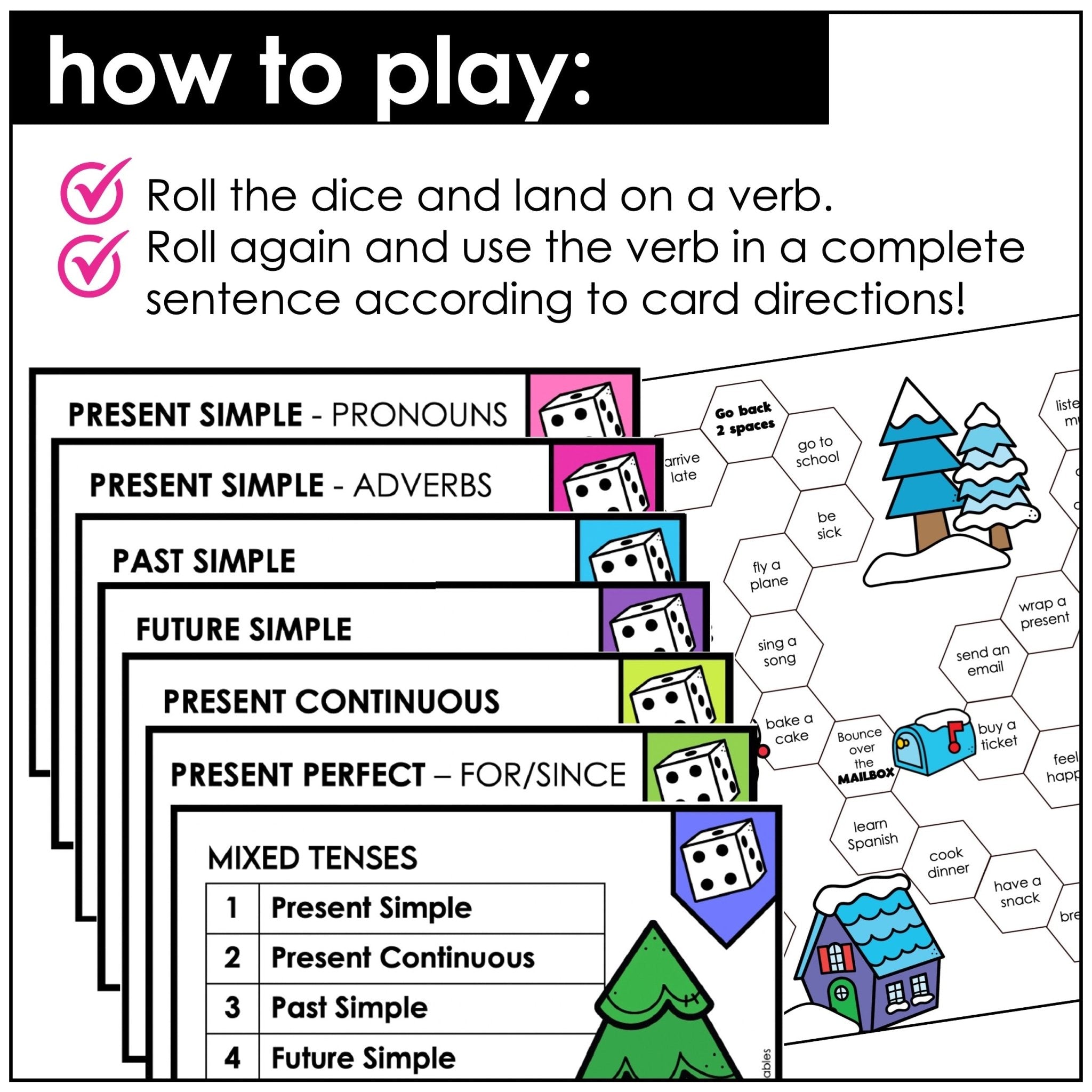 Verbs Board Game | Choose a tense and change the verb | Present Past & Future - Hot Chocolate Teachables