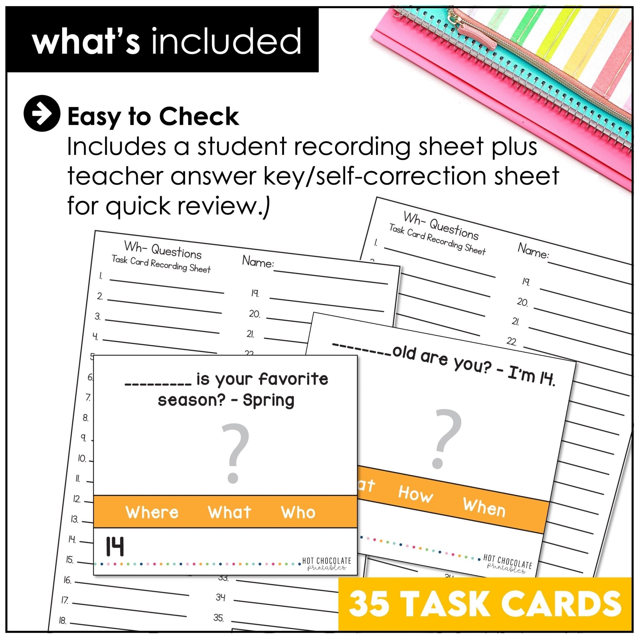 Wh Question Word Task Cards | What, Where, When, Why, Who, How - Hot Chocolate Teachables