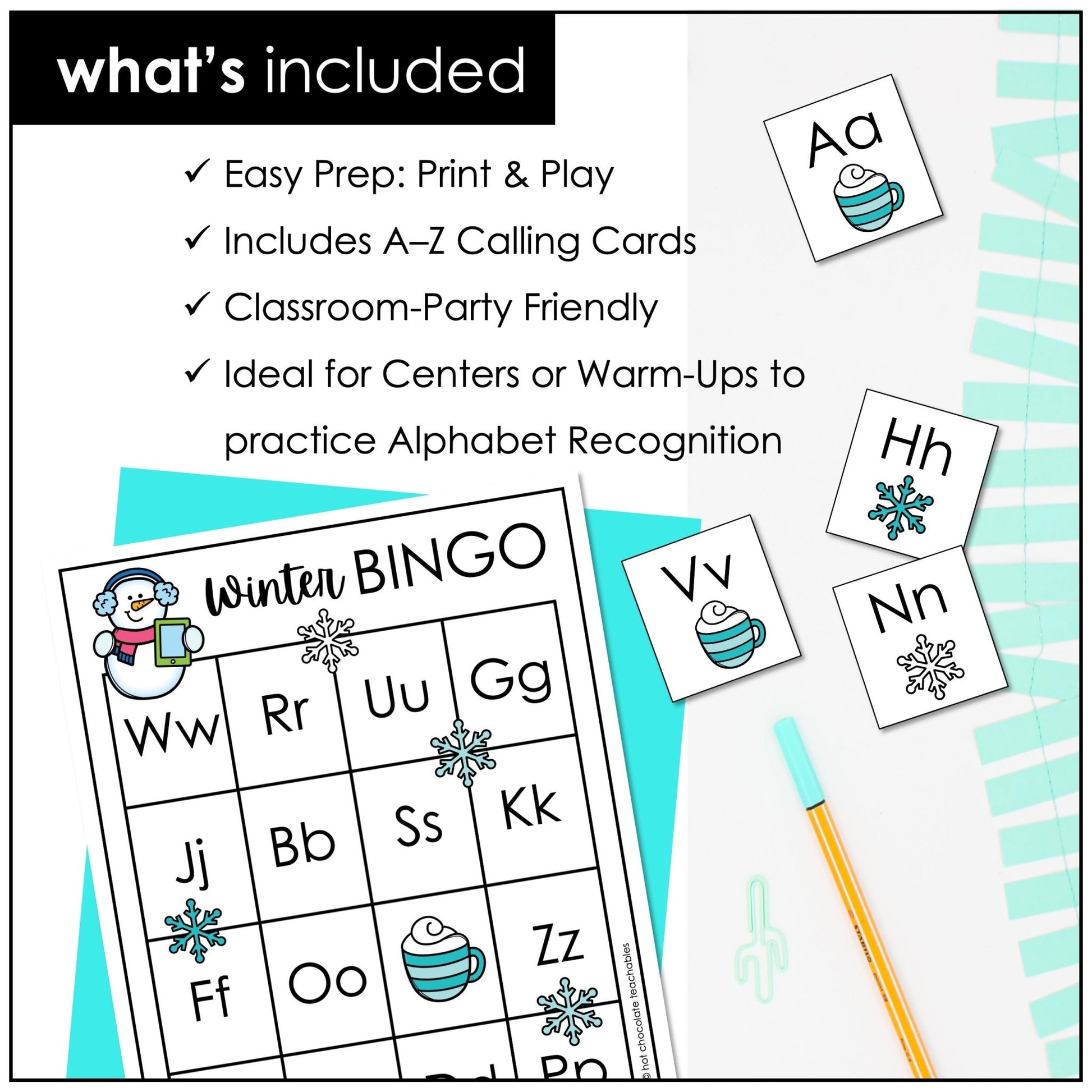 Winter Alphabet Fluency BINGO - Uppercase & Lowercase Letters - Hot Chocolate Teachables