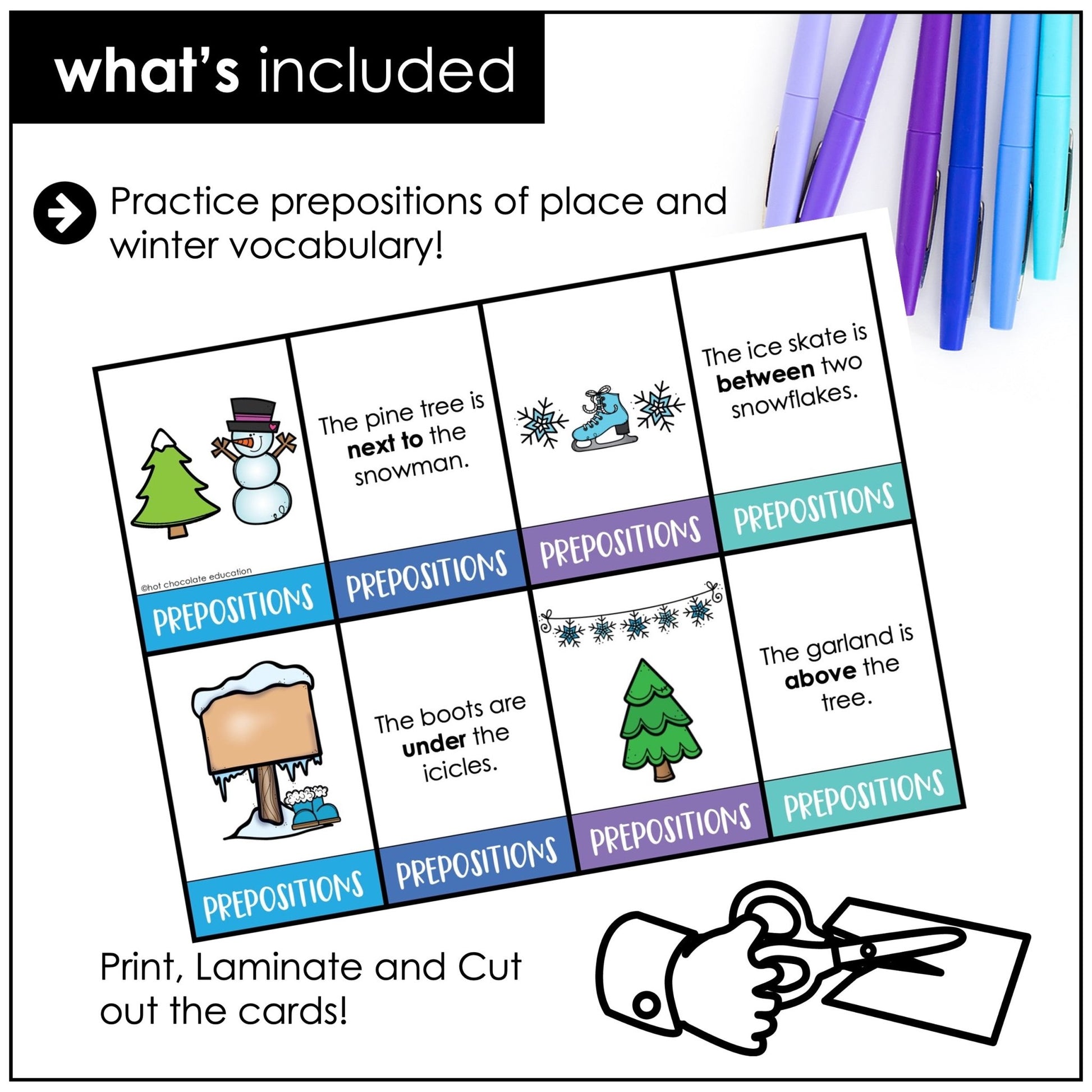 Winter Prepositions of Place Matching Cards: Prepositions Center Activity - Hot Chocolate Teachables