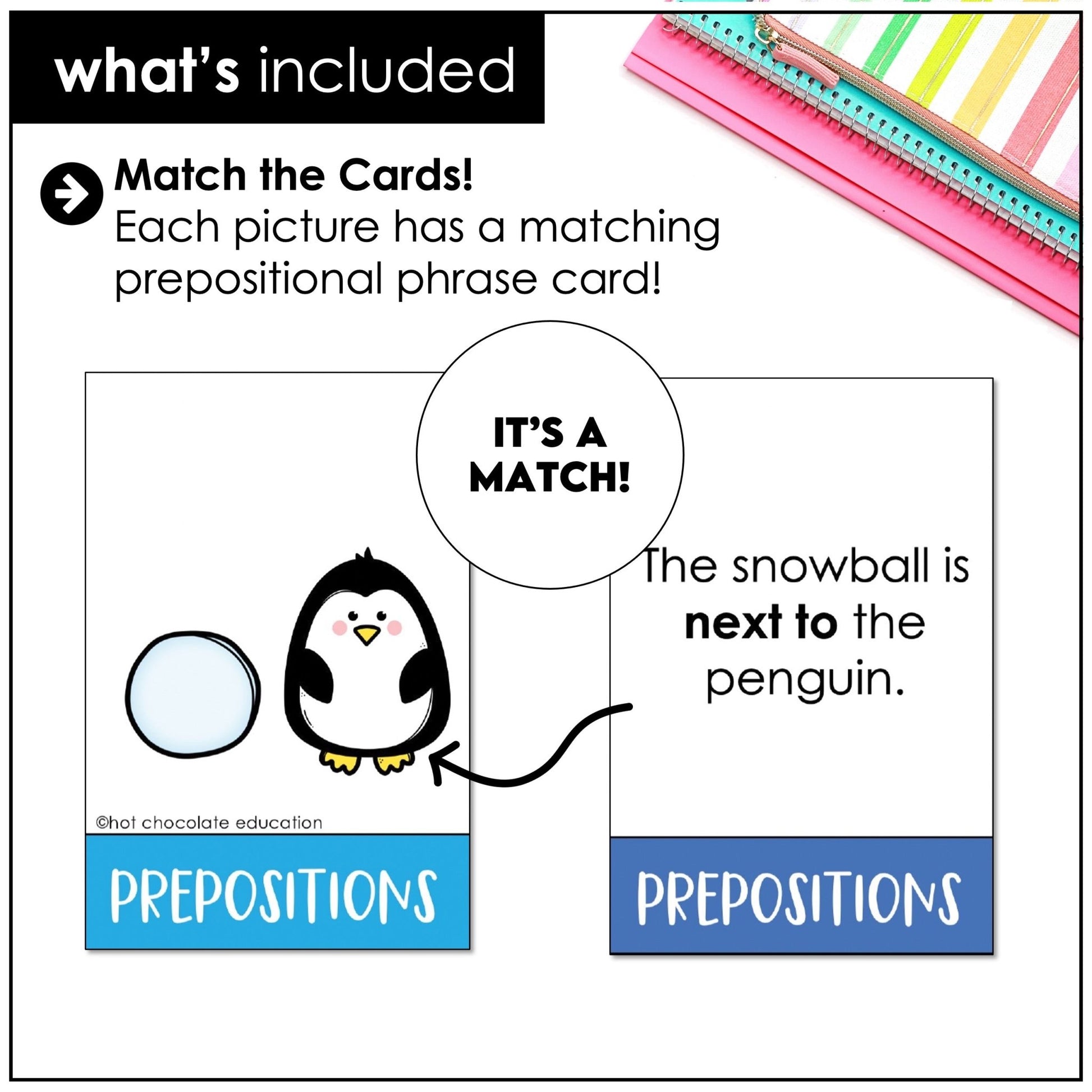 Winter Prepositions of Place Matching Cards: Prepositions Center Activity - Hot Chocolate Teachables