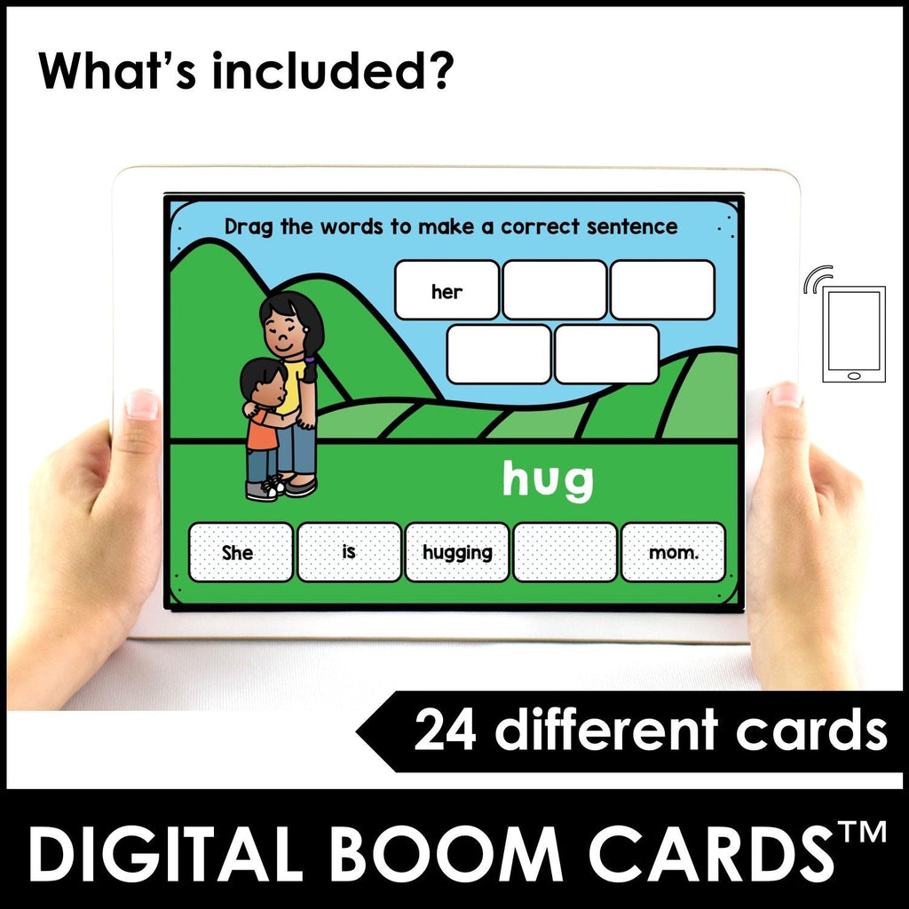 Action Verb BOOM CARDS™ | Present Continuous Sentence Building Activity - Hot Chocolate Teachables