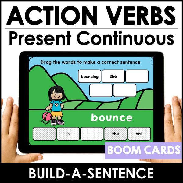 Action Verb BOOM CARDS™ | Present Continuous Sentence Building Activity - Hot Chocolate Teachables