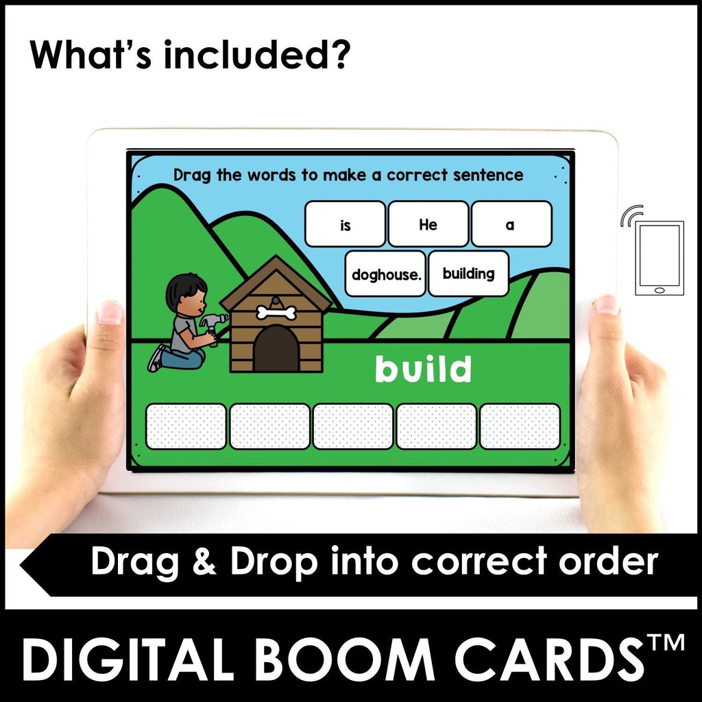 Action Verb BOOM CARDS™ | Present Continuous Sentence Building Activity - Hot Chocolate Teachables