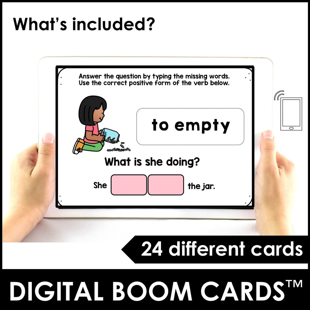 Action Verb BOOM CARDS - Sentence Building Present Progressive Tense Digital Task Cards - Hot Chocolate Teachables