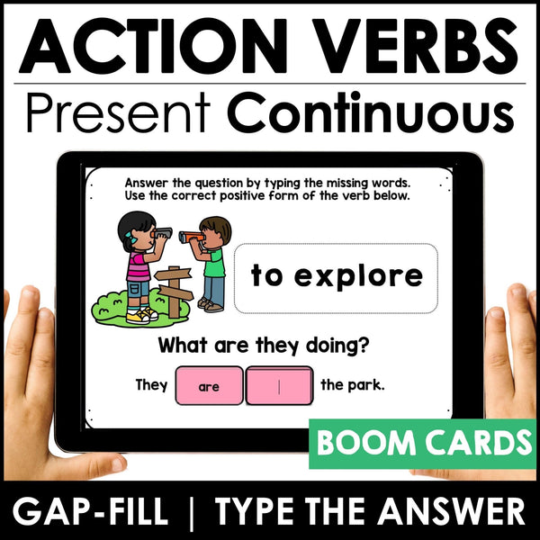 Action Verb BOOM CARDS - Sentence Building Present Progressive Tense Digital Task Cards - Hot Chocolate Teachables