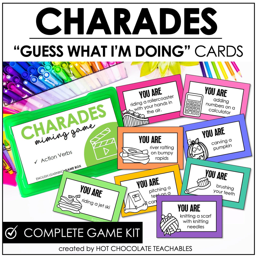 Action Verb Charades | Present Continuous Tense Miming Game Cards - Hot Chocolate Teachables