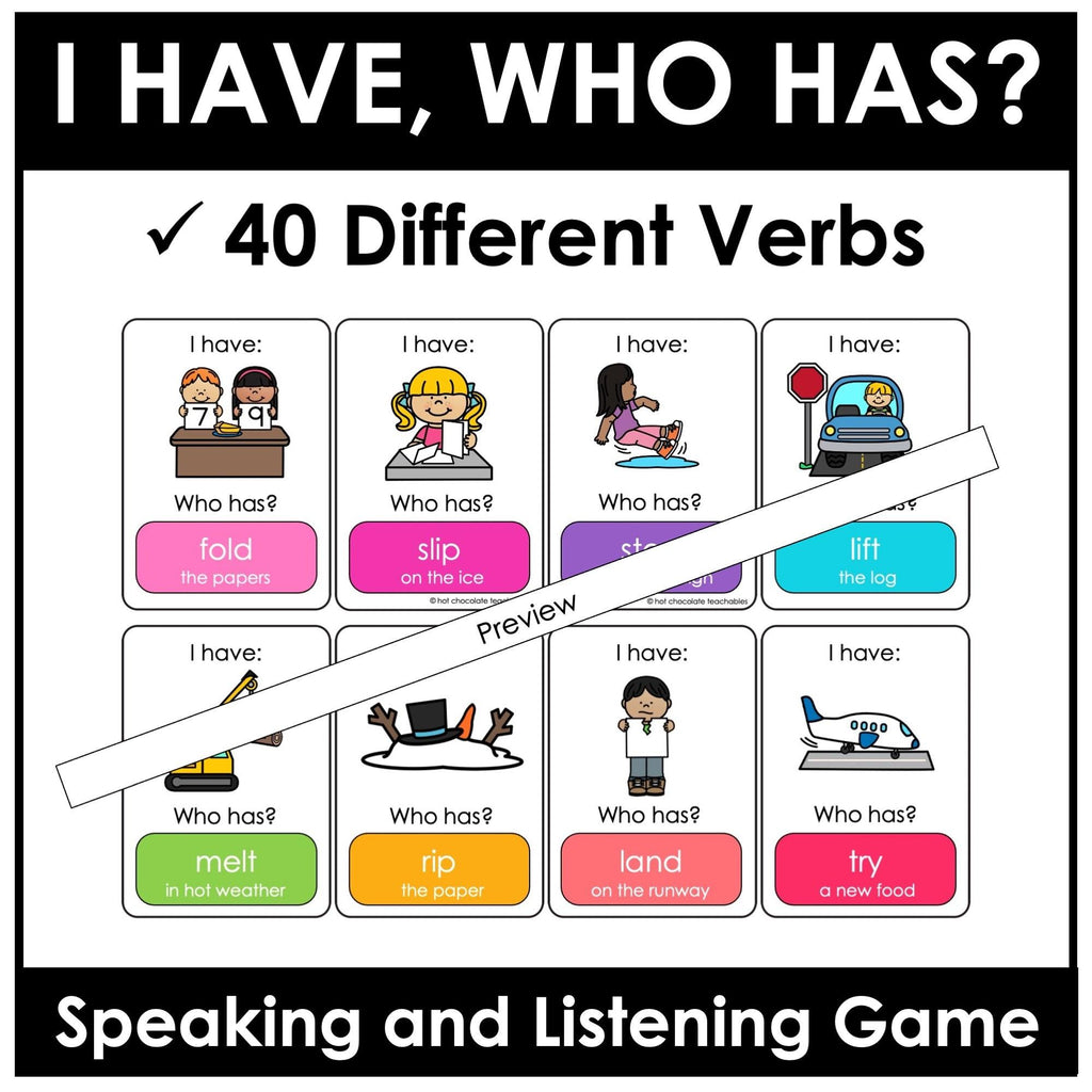 Action Verbs - I have, Who has? Card Game for ESL / EFL /ELL - Hot Chocolate Teachables