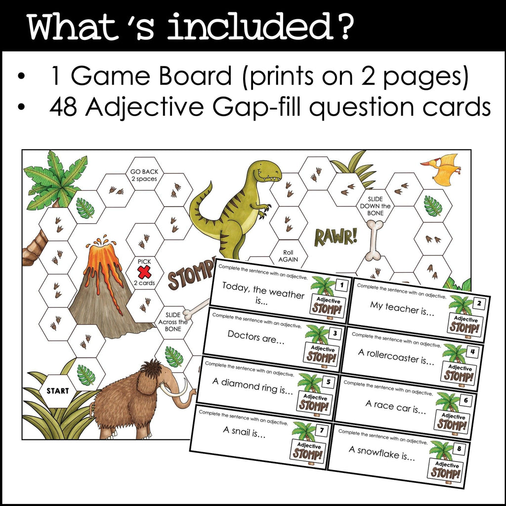 Adjectives Board Game with Gap-Fill Question Cards for ESL / EFL /ELL - Hot Chocolate Teachables