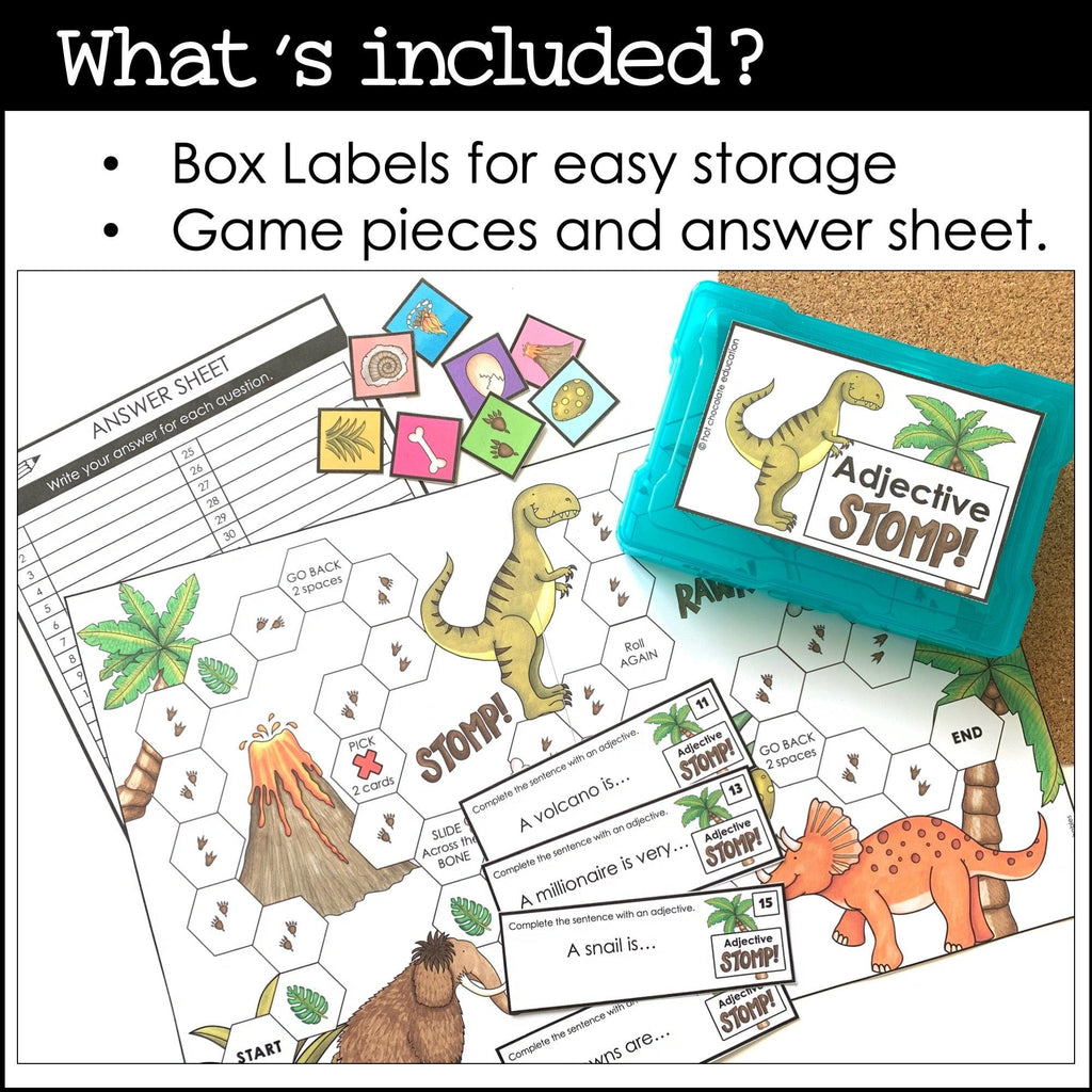 Adjectives Board Game with Gap-Fill Question Cards for ESL / EFL /ELL - Hot Chocolate Teachables