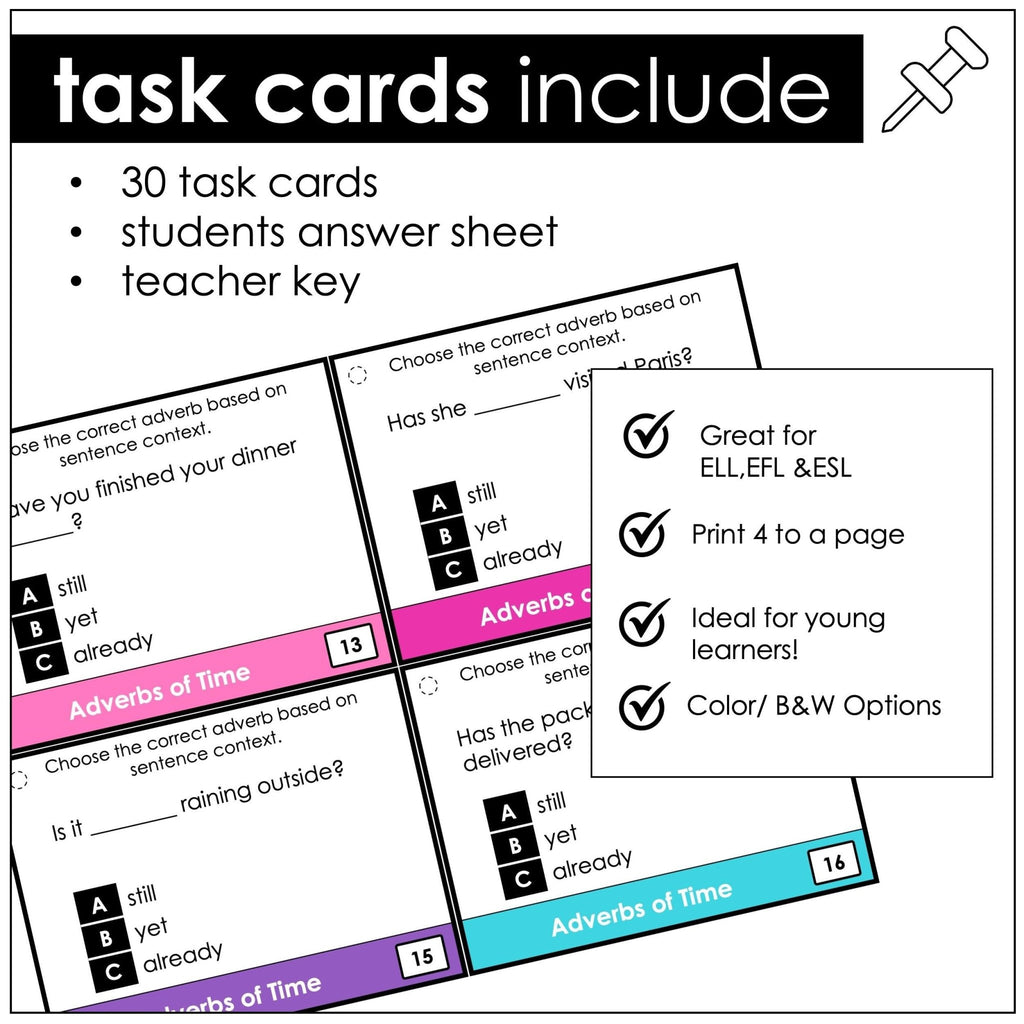 Adverbs of Time Task Cards | YET, STILL, ALREADY | Parts of Speech Task Cards - Hot Chocolate Teachables