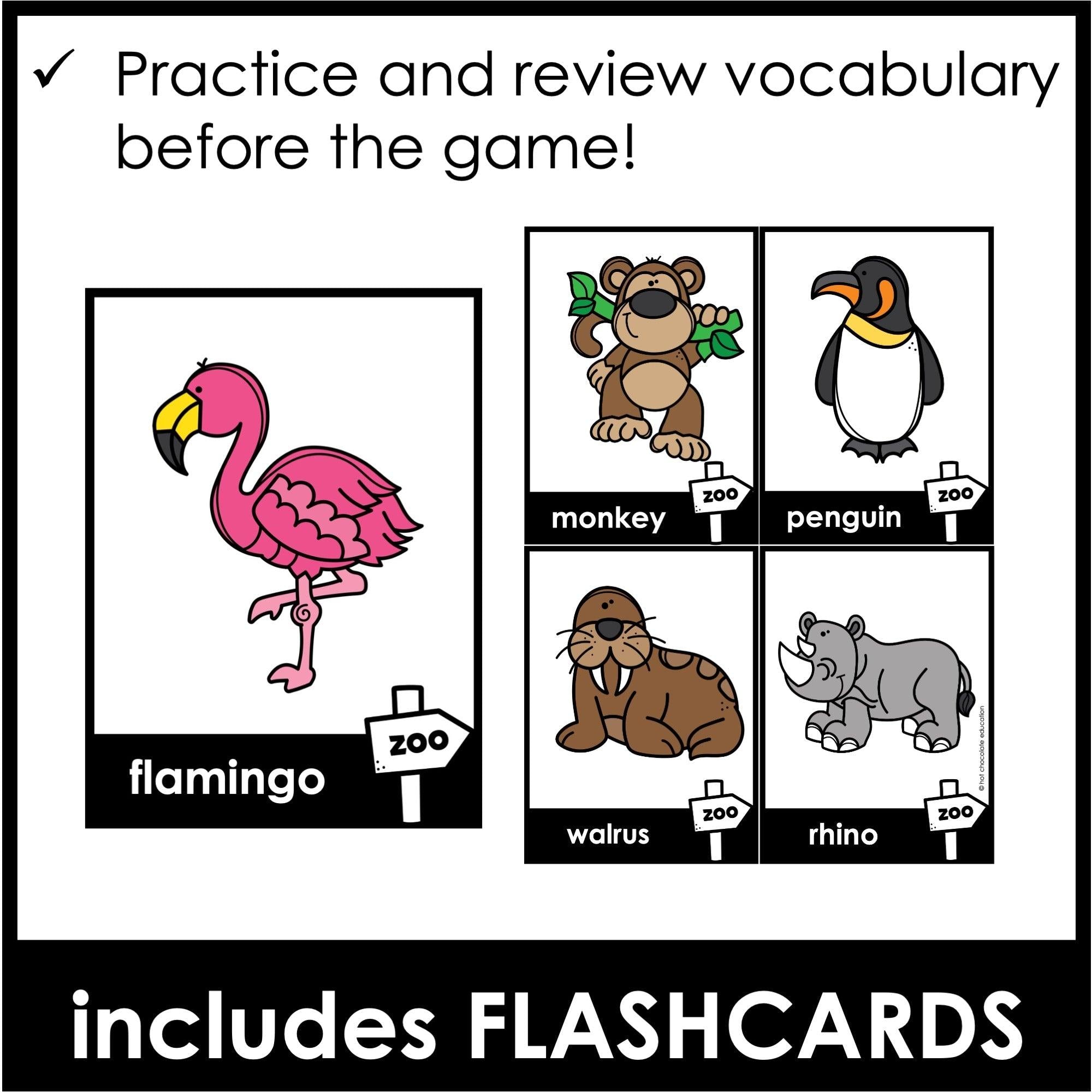 Animal Vocabulary Bingo Game with Flashcards - Hot Chocolate Teachables