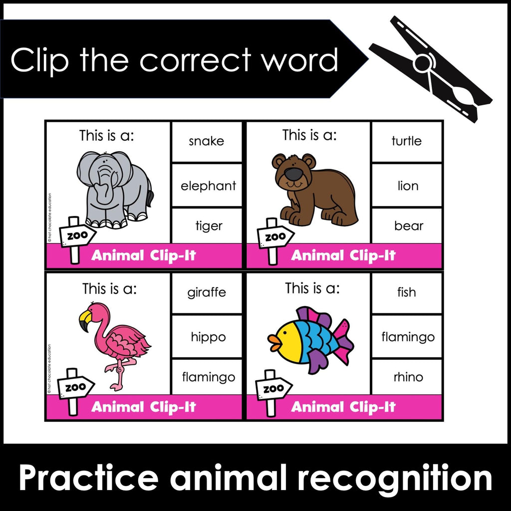 Animal Vocabulary Task Cards - Clip Cards - Activity Cards - Hot Chocolate Teachables