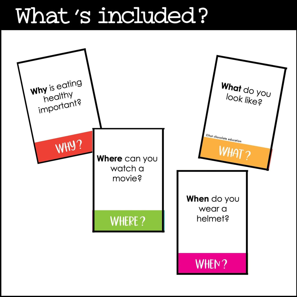 Answering WH Questions | ESL Conversation Prompt Cards What, When, Where & Why - Hot Chocolate Teachables