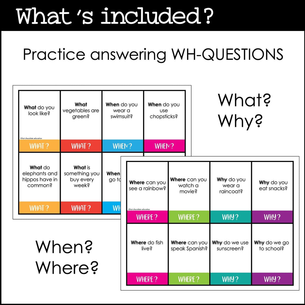 Answering WH Questions | ESL Conversation Prompt Cards What, When, Where & Why - Hot Chocolate Teachables