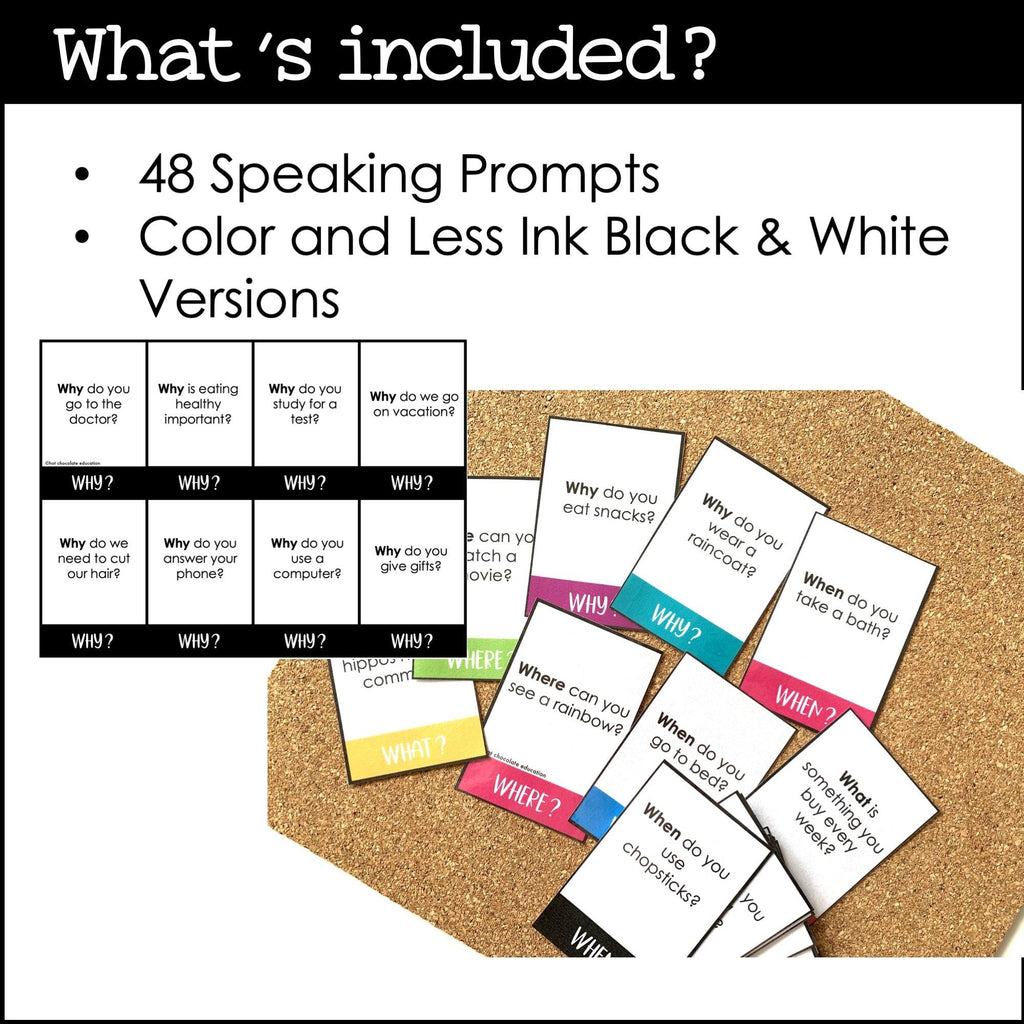 Answering WH Questions | ESL Conversation Prompt Cards What, When, Where & Why - Hot Chocolate Teachables