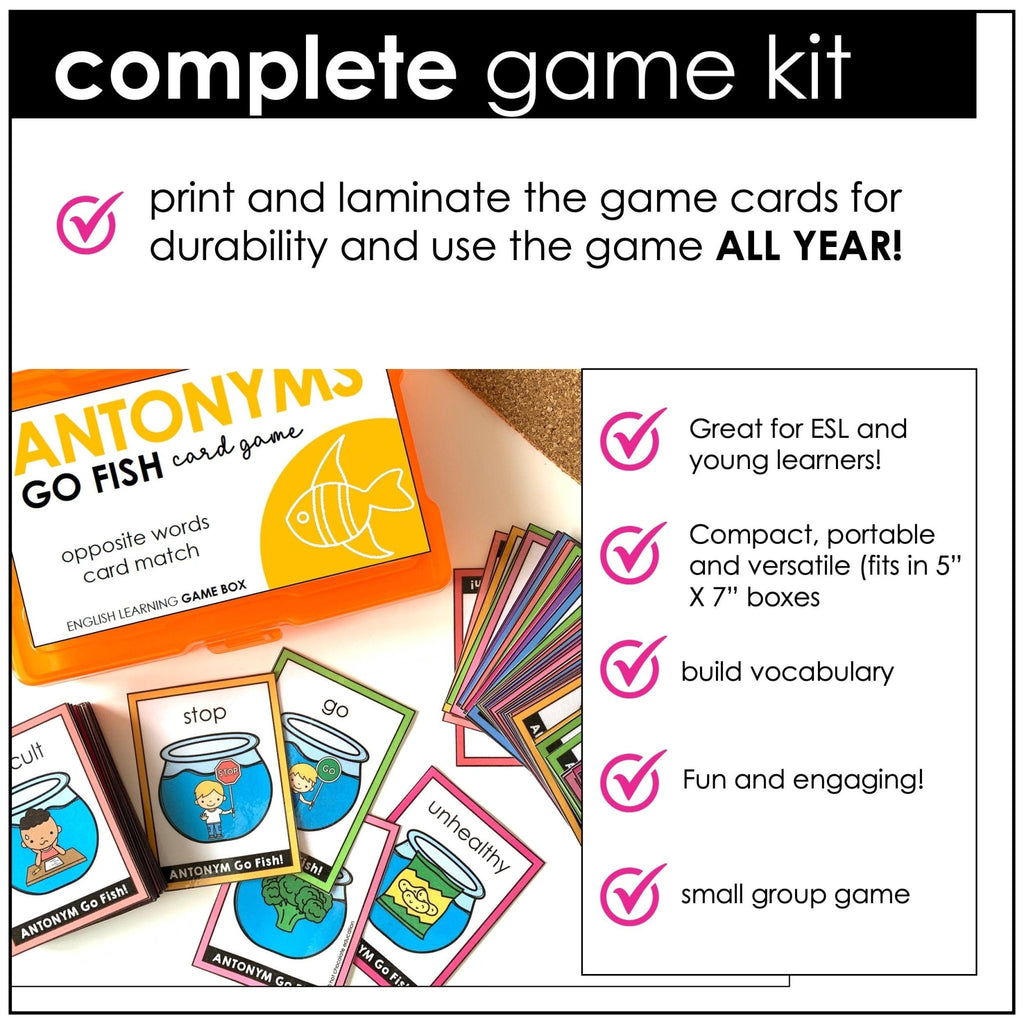 ANTONYM - GO FISH Card Game - Opposite Words Vocabulary Task Box - Hot Chocolate Teachables