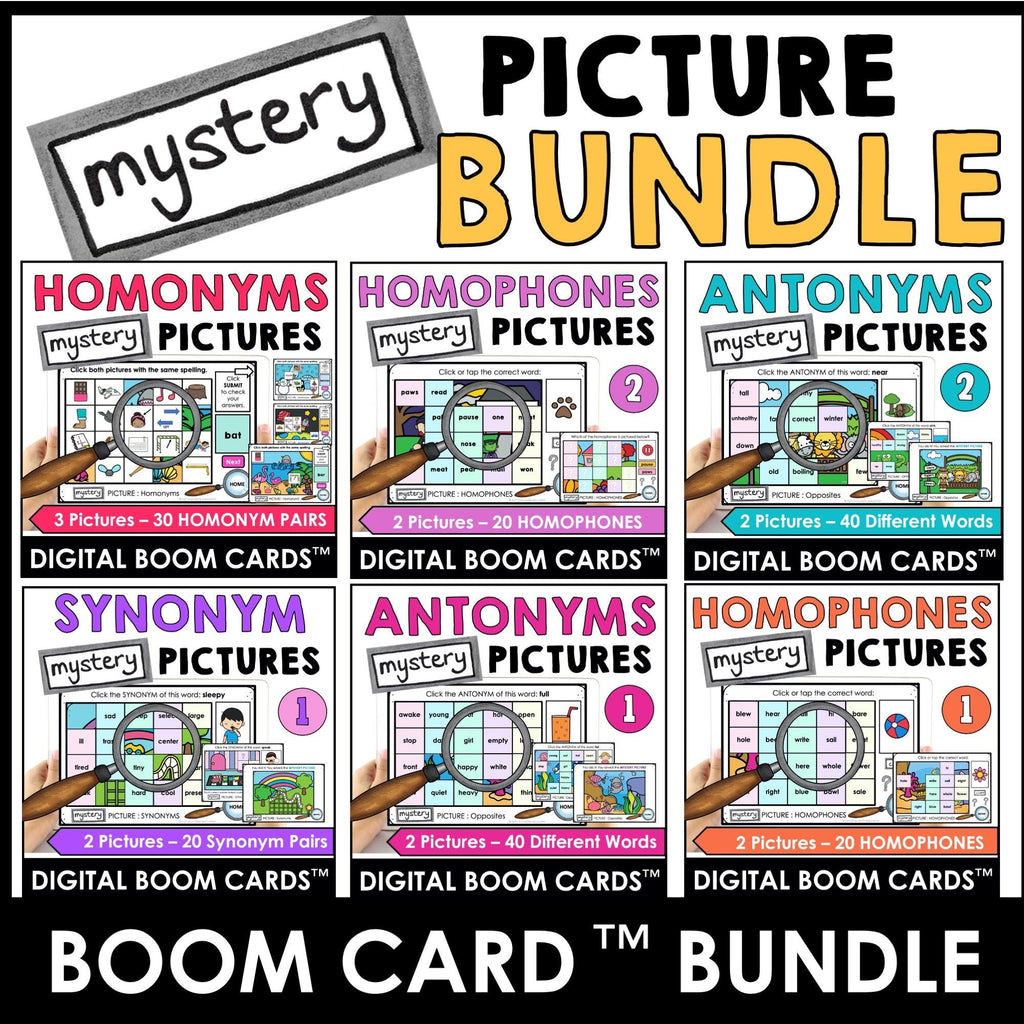 Antonym, Synonym, Homophone, Homonym Mystery Picture Boom Cards™ BUNDLE - Hot Chocolate Teachables