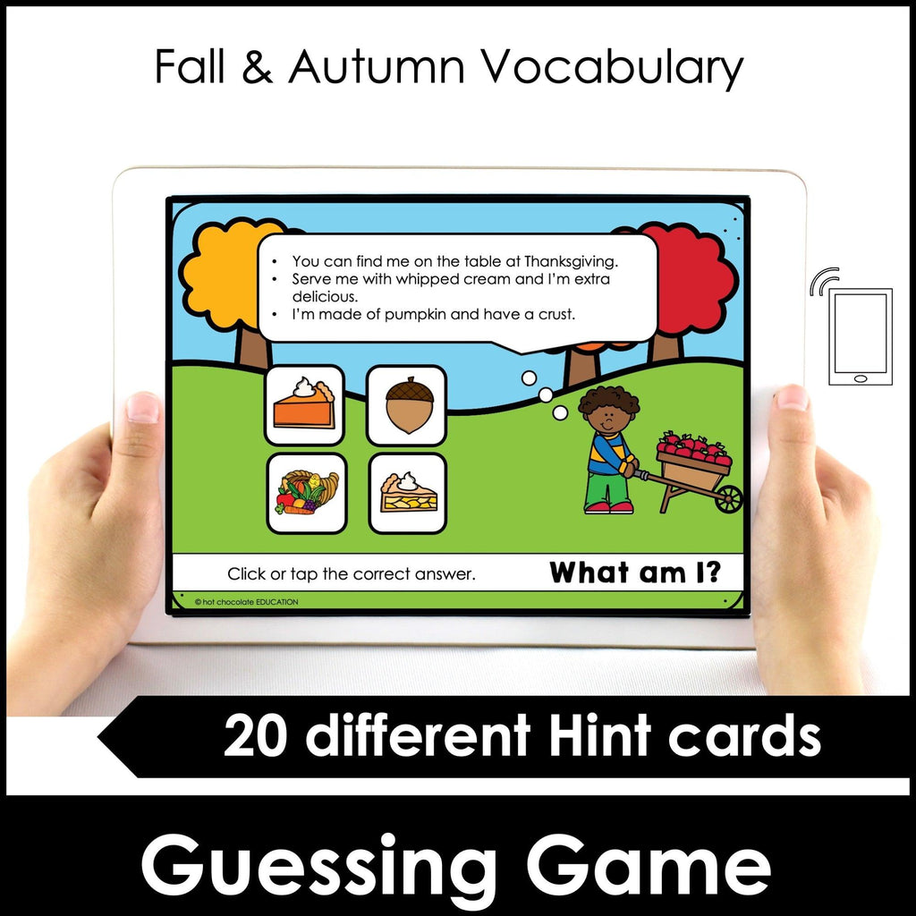 Autumn / Fall : What am I? ESL Vocabulary Guessing Game BOOM CARDS™ - Hot Chocolate Teachables