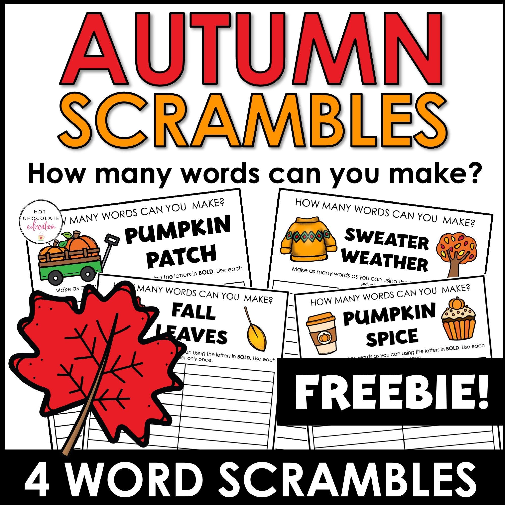 AUTUMN / FALL Word Scramble Freebie! How many words can you make? - Hot Chocolate Teachables