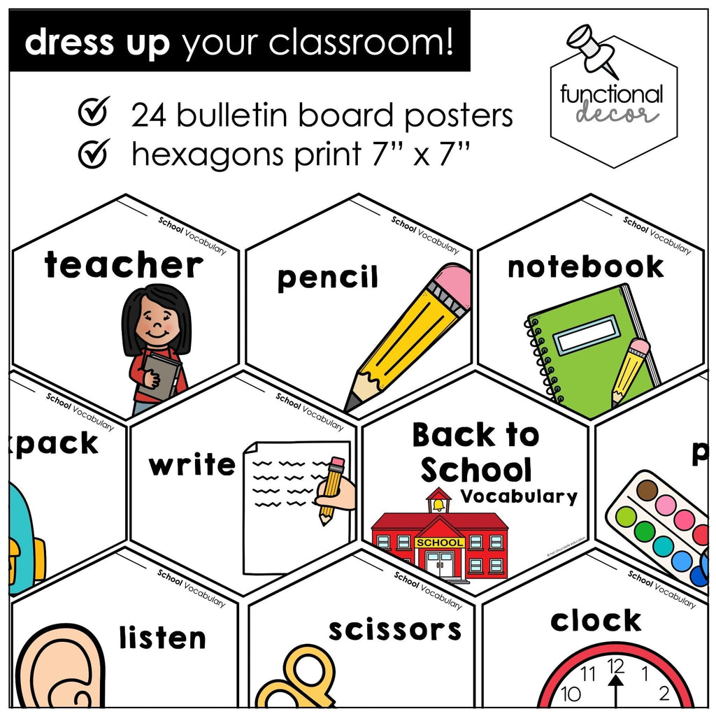 Back to School Classroom Vocabulary Posters | ESL Word Wall | Bulletin Board - Hot Chocolate Teachables