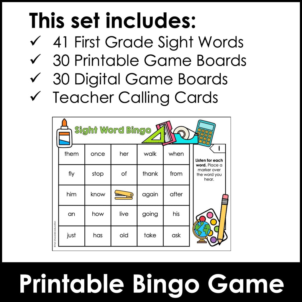 BACK TO SCHOOL First Grade Sight Words Bingo - Print & Google Slides™ - Hot Chocolate Teachables