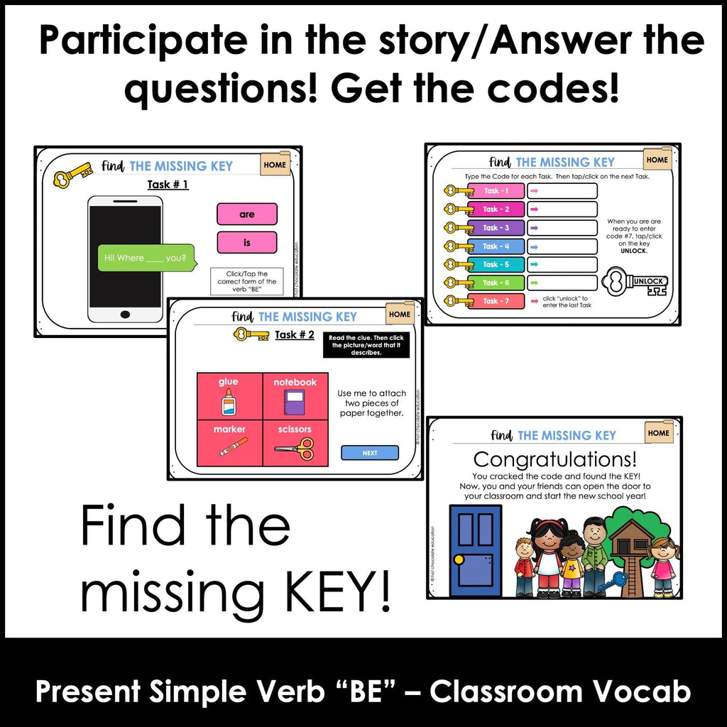 Back to School Grammar Digital Escape - Present Tense - Boom Cards™ - Hot Chocolate Teachables