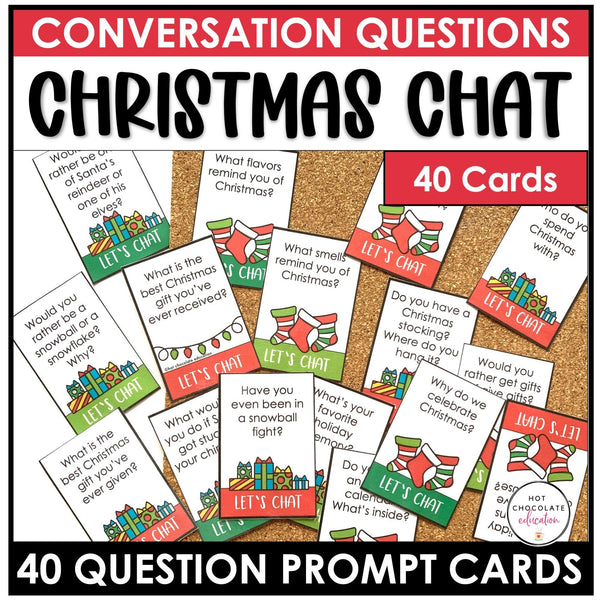 Christmas Conversation Question Card Set - 40 Cards - Hot Chocolate Teachables