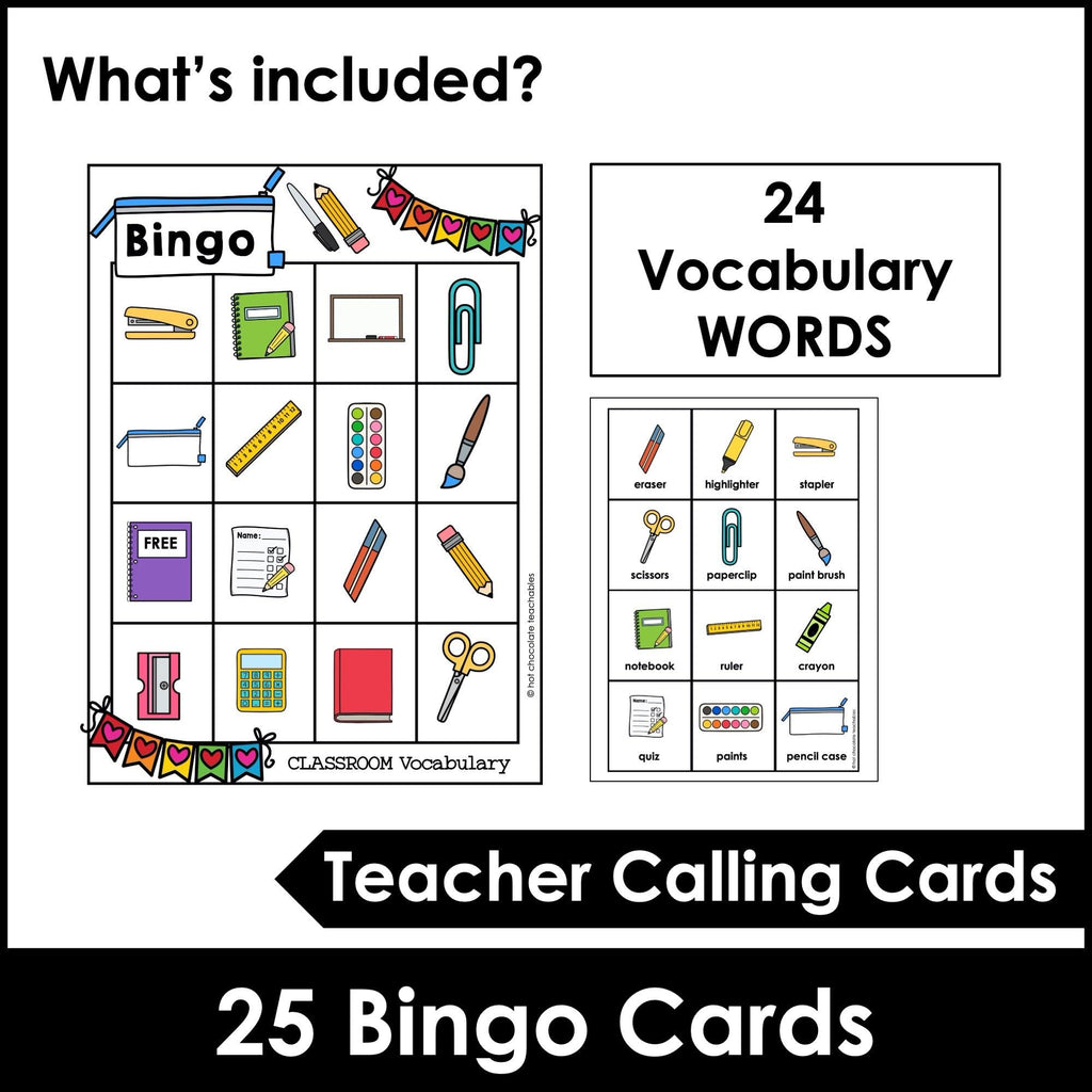 Classroom & School Supplies Bingo Game - Vocabulary Building for ELL - ESL - EFL - Hot Chocolate Teachables