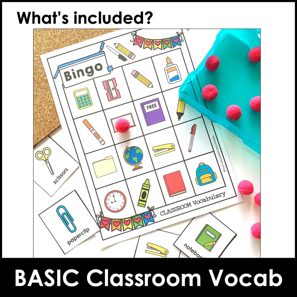 Classroom & School Supplies Bingo Game - Vocabulary Building for ELL - ESL - EFL - Hot Chocolate Teachables