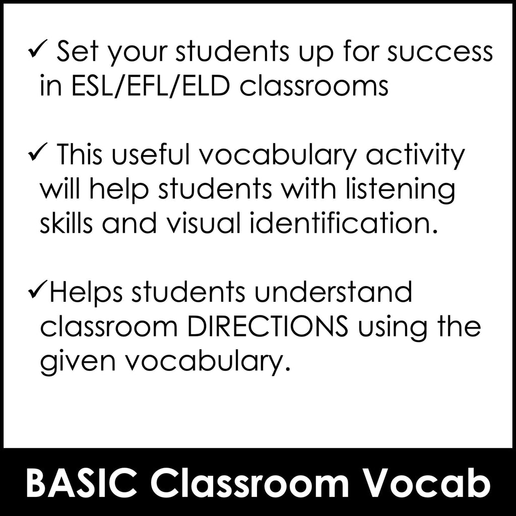 Classroom & School Supplies Bingo Game - Vocabulary Building for ELL - ESL - EFL - Hot Chocolate Teachables