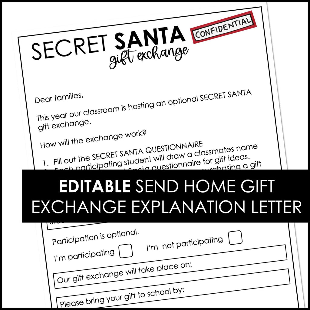 Classroom Secret Santa Gift Exchange Kit - Questionnaire & Explanation Letters - Hot Chocolate Teachables