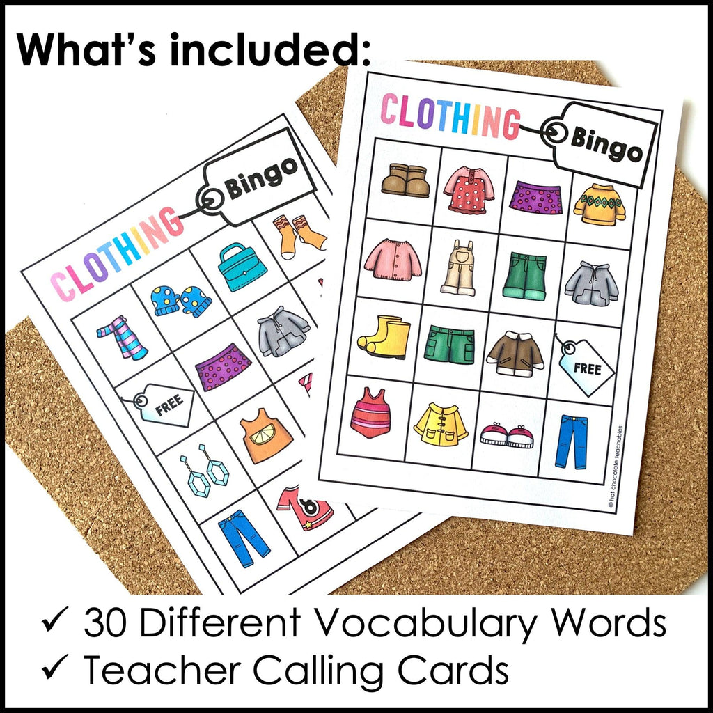 Clothes Vocabulary Building Bingo Game BUNDLE - Print & Digital Versions - Hot Chocolate Teachables