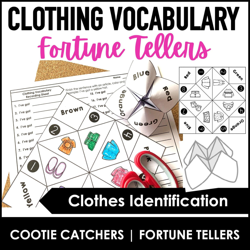 Clothing Vocabulary Activity : Cootie Catcher - Fortune Tellers - Hot Chocolate Teachables