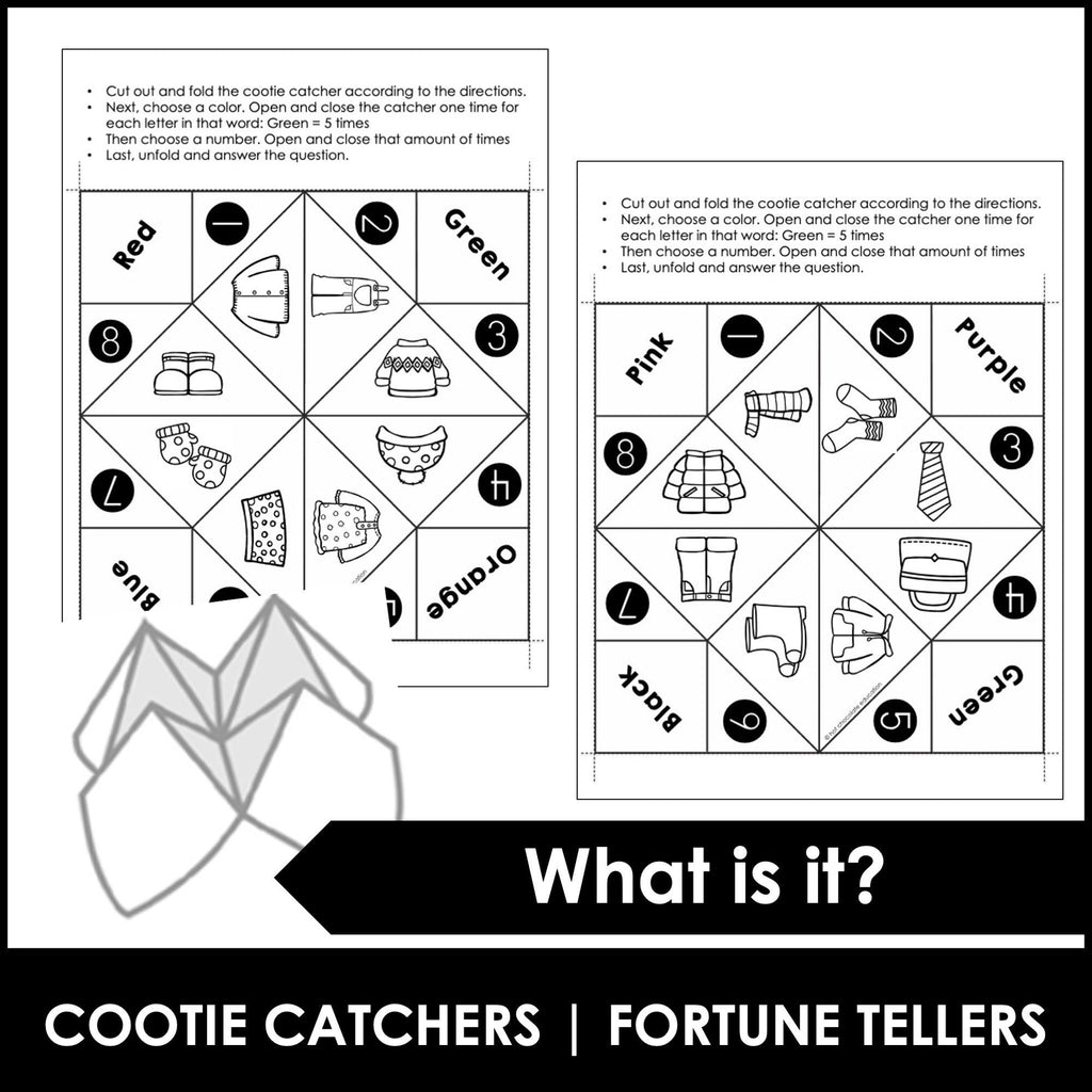 Clothing Vocabulary Activity : Cootie Catcher - Fortune Tellers - Hot Chocolate Teachables