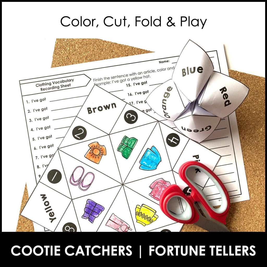 Clothing Vocabulary Activity : Cootie Catcher - Fortune Tellers - Hot Chocolate Teachables