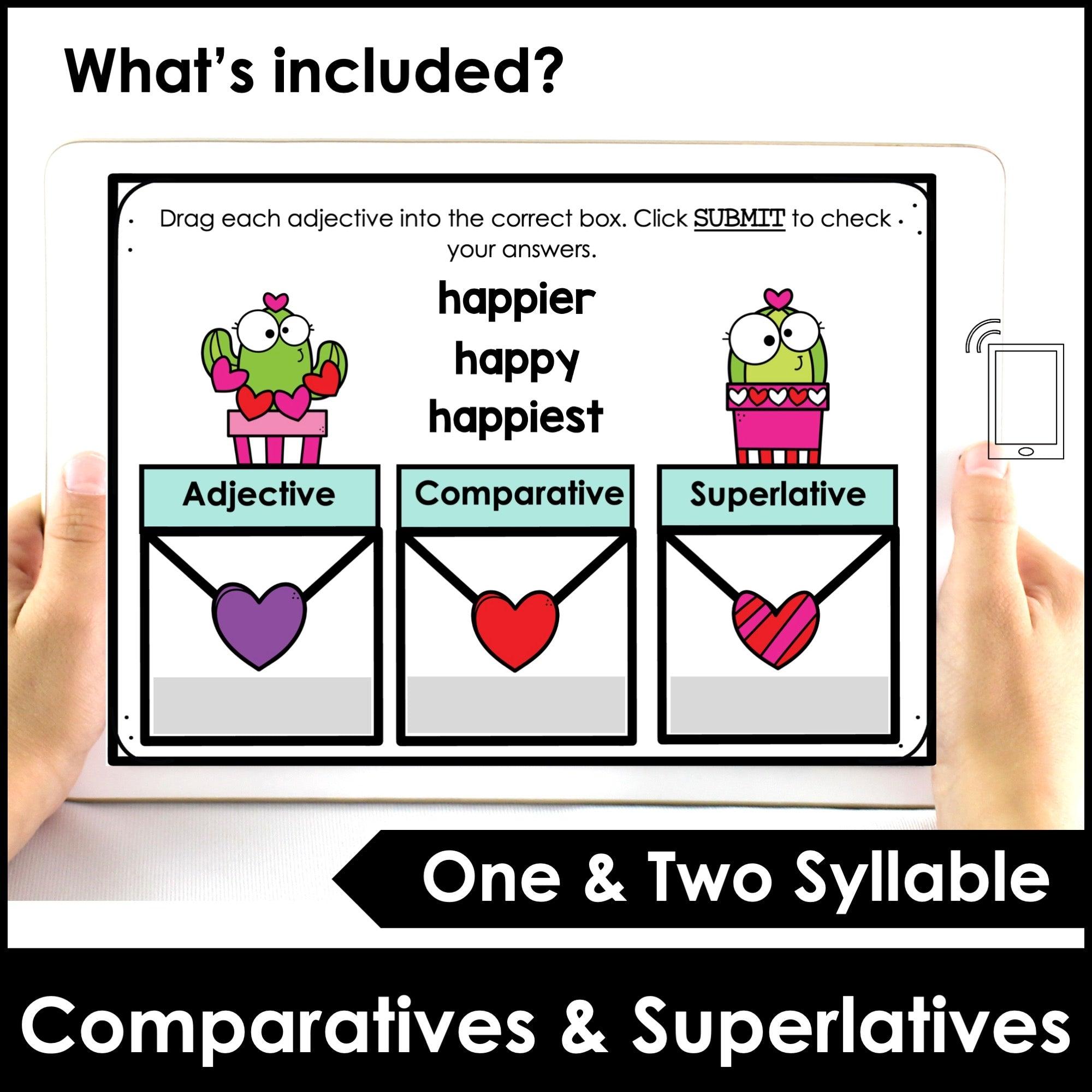 Comparative & Superlative | BOOM CARDS | Short Adjectives Word Sort - Hot Chocolate Teachables