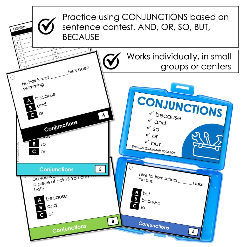 Conjunctions Task Cards | and, or, so, but, because | Parts of Speech Task Cards - Hot Chocolate Teachables