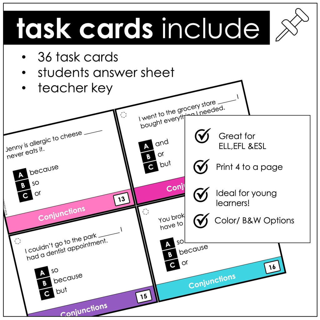 Conjunctions Task Cards | and, or, so, but, because | Parts of Speech Task Cards - Hot Chocolate Teachables