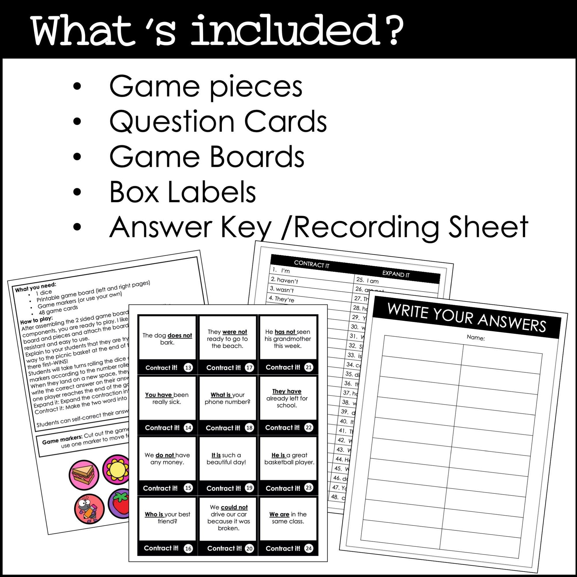 Contractions : Grammar Board Game - Combining Two Words | Short & Long Forms - Hot Chocolate Teachables