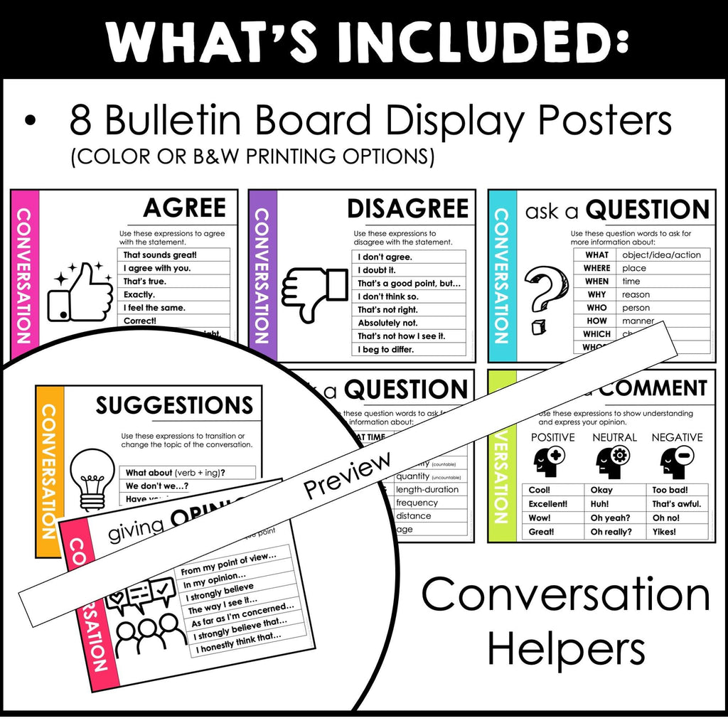 Conversation Posters - Functional Speech Bulletin Board for ELL EFL ESL - Hot Chocolate Teachables