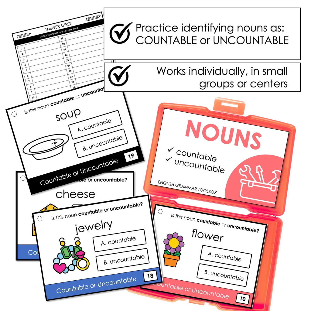 Countable and Uncountable Noun Task Cards - Count Noncount Noun Activity - Hot Chocolate Teachables