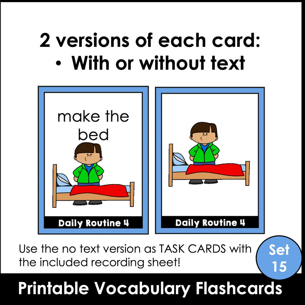 Daily Routine Flashcards : Basic Verbs & Chores : ESL task cards - Flash Cards - Hot Chocolate Teachables